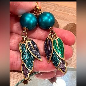Edgar Berebi Purple Teal Gold Peacock Feather Enamel Cloisonné Earrings